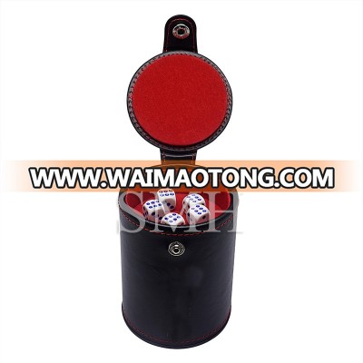 Most Dice Game Black PU Leather on the Outside Red Felt Lined Leather Shaker Dice Cup with Lid